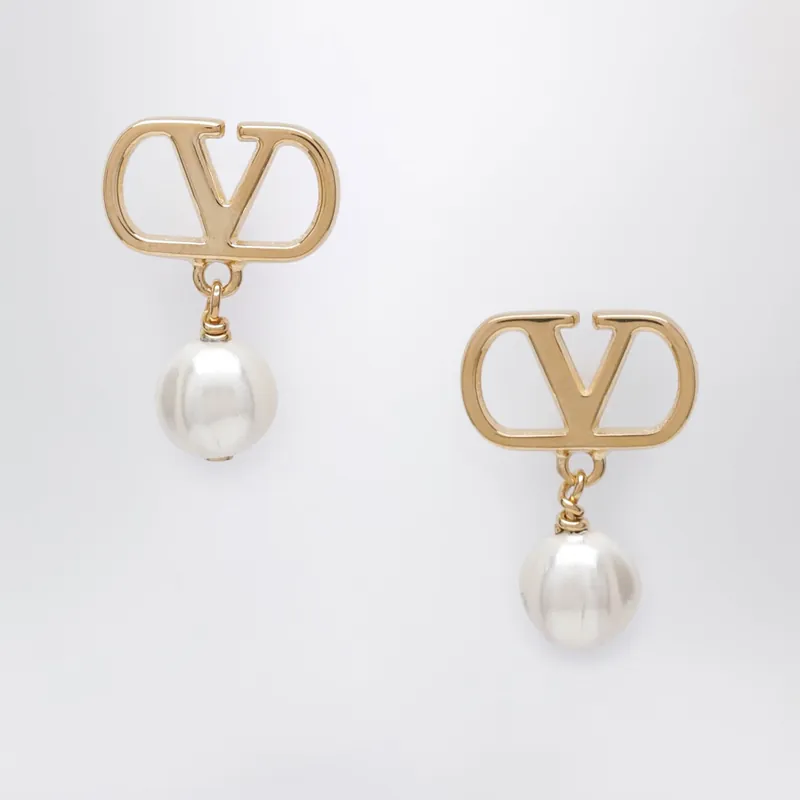 V Logo Pearl Drop Earrings In Gold-Tone Brass