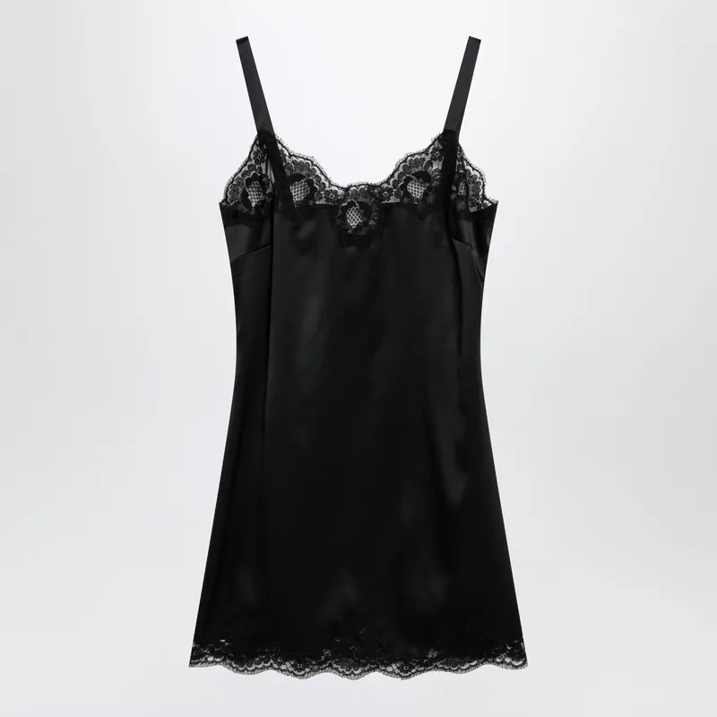Black Silk Satin Slip With Lace Trim - Dolce & Gabbana