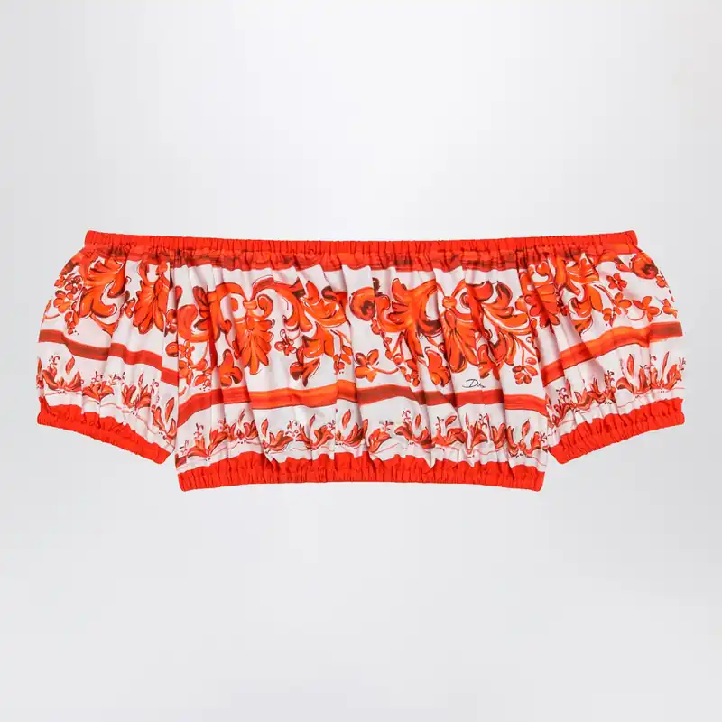 Maiolica-Print Cotton Poplin Top In Orange