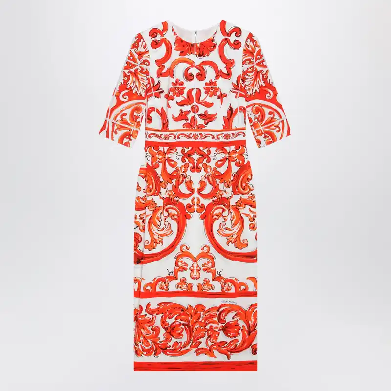 Fitted Maiolica-Print Silk Charmeuse Dress In Orange