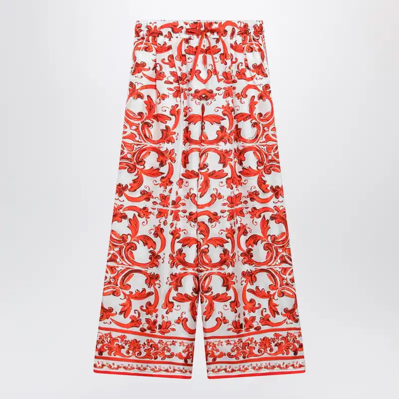 Wide-Leg Maiolica-Print Silk Pants In Orange