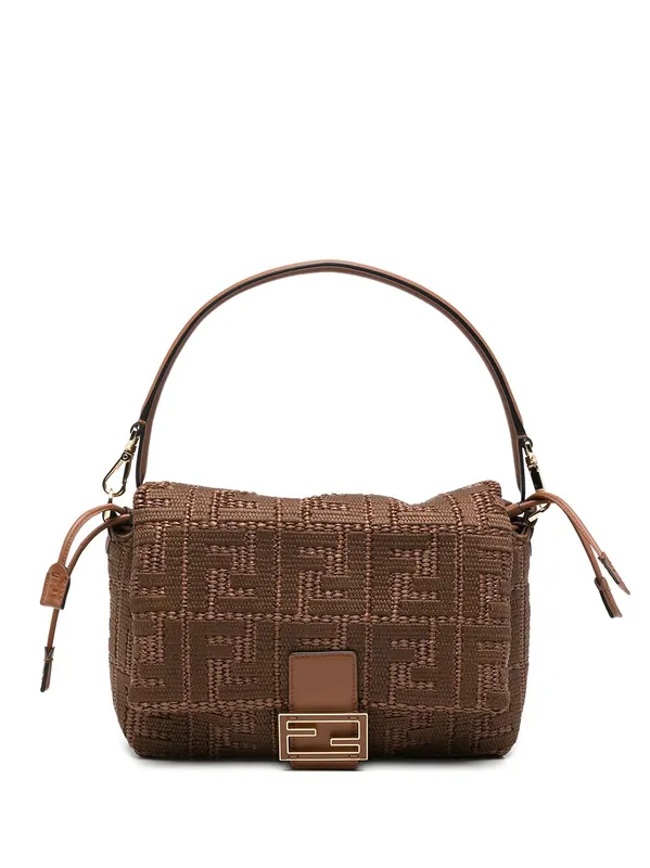 Mamma Baguette Medium Sellier Brown Raffia-Effect Woven Bag With Ff Embroidery