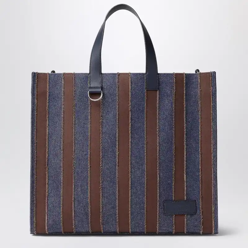Pequin Shopper Bag In Dark Blue Denim And Brown Canvas - Fendi