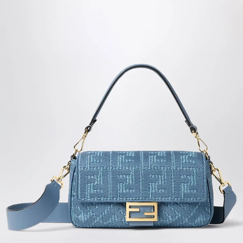 Woven Raffia Baguette Bag With Blue Ff Embroidery - Fendi