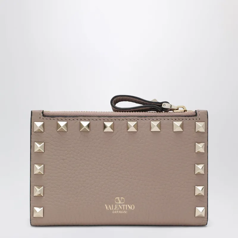 Powder Pink Leather Rockstud Zip Card Holder - Valentino Garavani