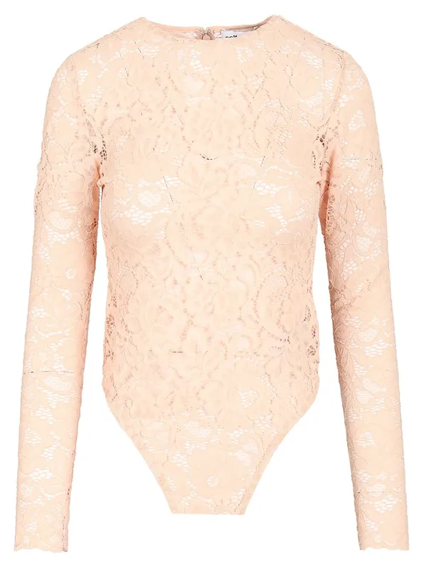 Beige Bodysuit In Flesh-Colored Lace Tops Beige