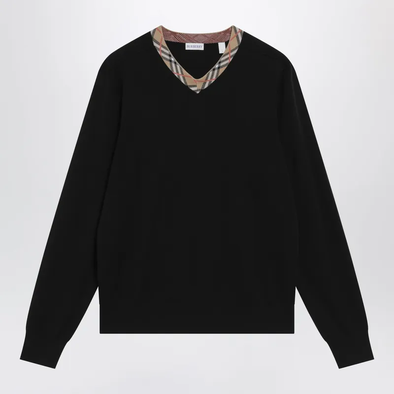 Black Wool Sweater With Check Motif Neckline - Burberry