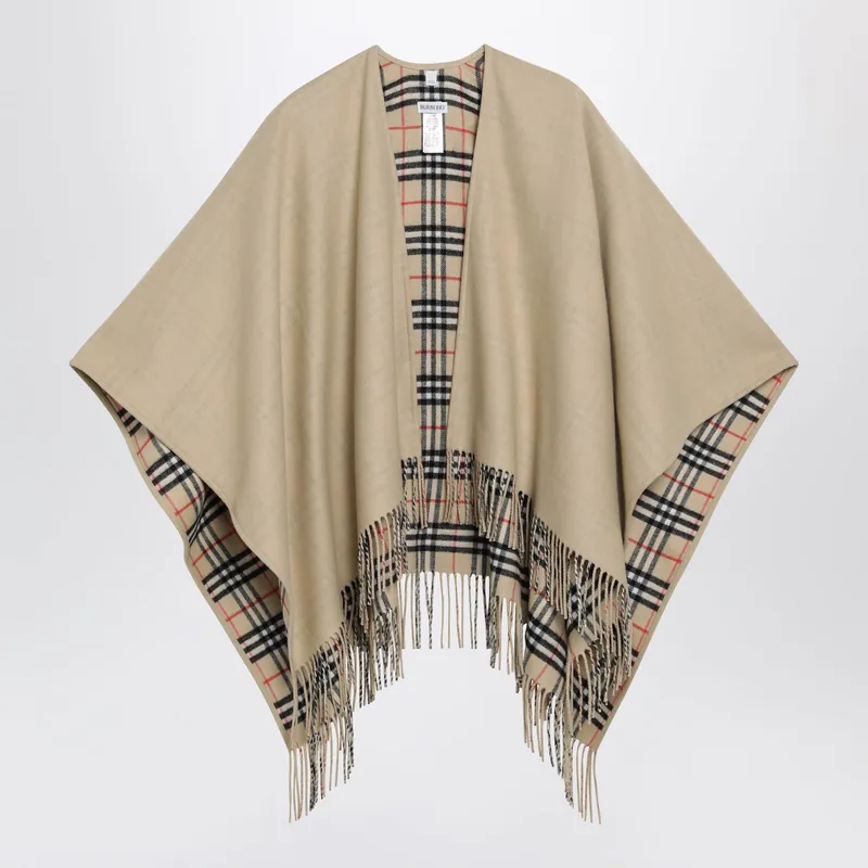 Reversible Wool Check Cape With Fringes In Sand Beige - Burberry