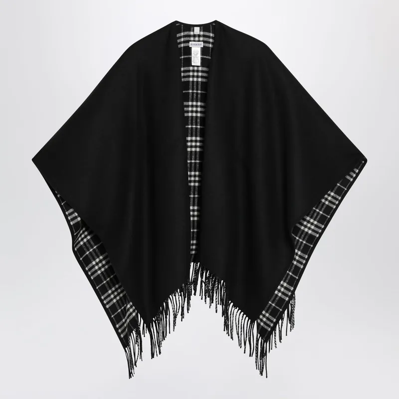 Reversible Wool Check Cape With Fringes In Black - Burberry