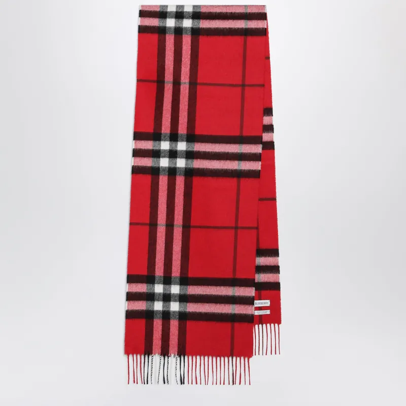 Check Cashmere Scarf With Fringes In Post Red - Burberry