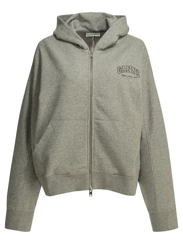 Sweatshirt With Zipper And Logo Sweatshirts Grey - Ganni