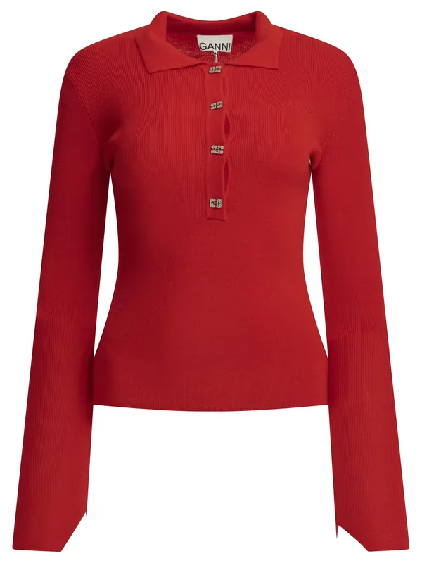 Merino Wool Polo Sweater Knitwear Red - Ganni