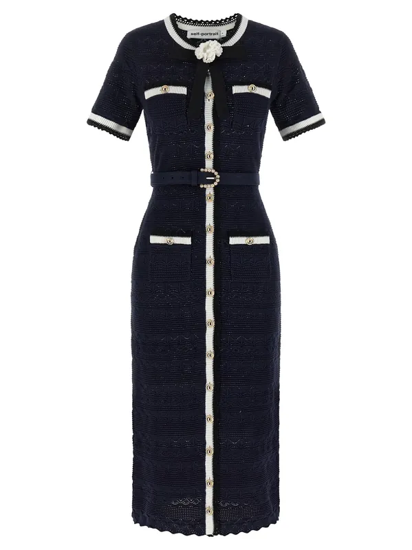 Navy Pointelle Knit Midi Dresses Blue - Self-Portrait