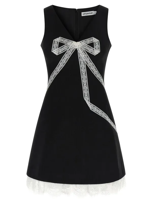 Black CrêPe Bow Lace Mini Dresses White/Black - Self-Portrait