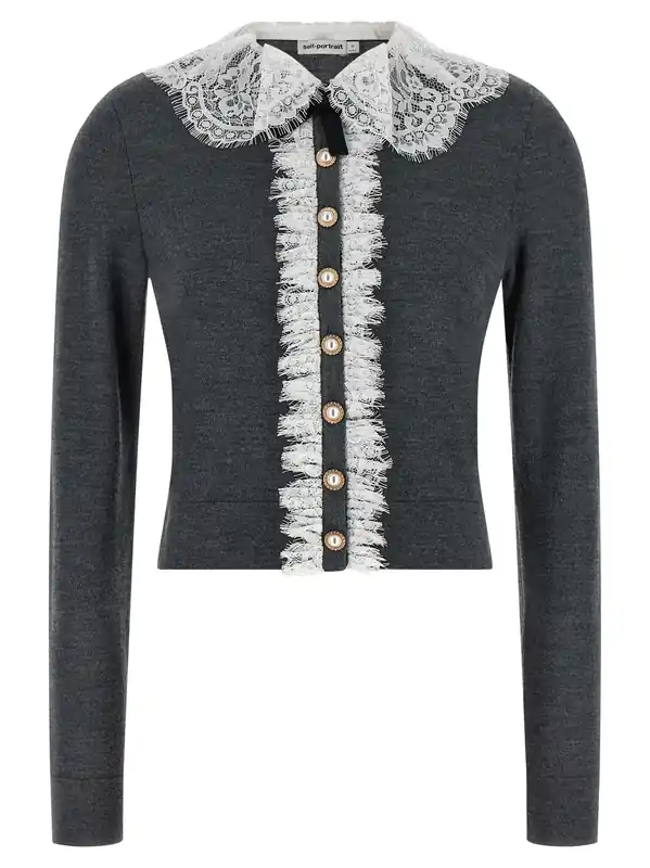 Grey Lace Collar Knit Sweaters And Cardigans Gray - Self-Portrait