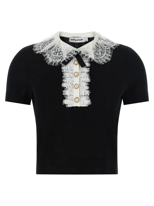 Black Knit Lace Collar Tops White/Black - Self-Portrait