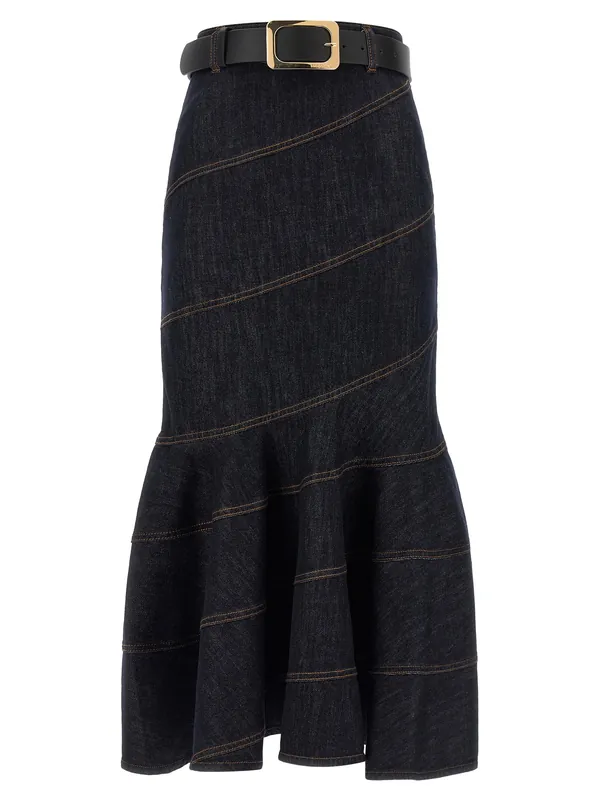 Indigo Denim Belted Midi Skirts Blue - Self-Portrait