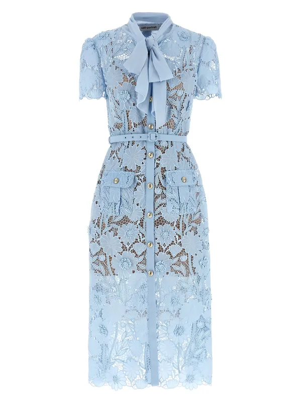 Blue Lace Tie Neck Midi Dresses Light Blue - Self-Portrait