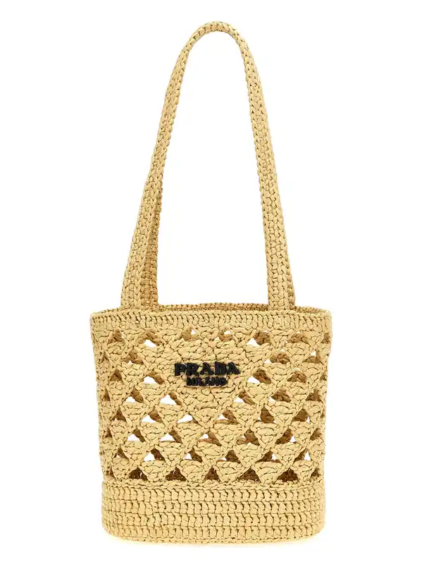 Crochet Logo Handbag Hand Bags Beige - Prada