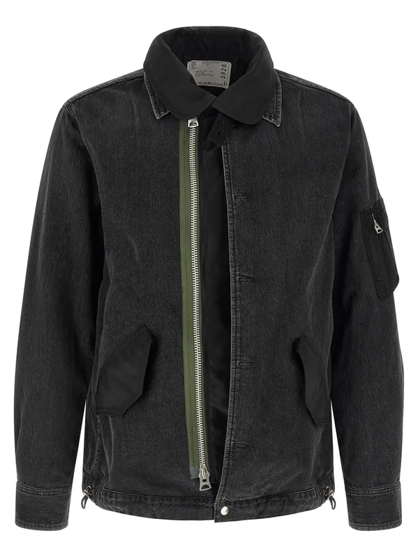 Nylon Insert Denim Jacket Puffer Jackets Black - Sacai