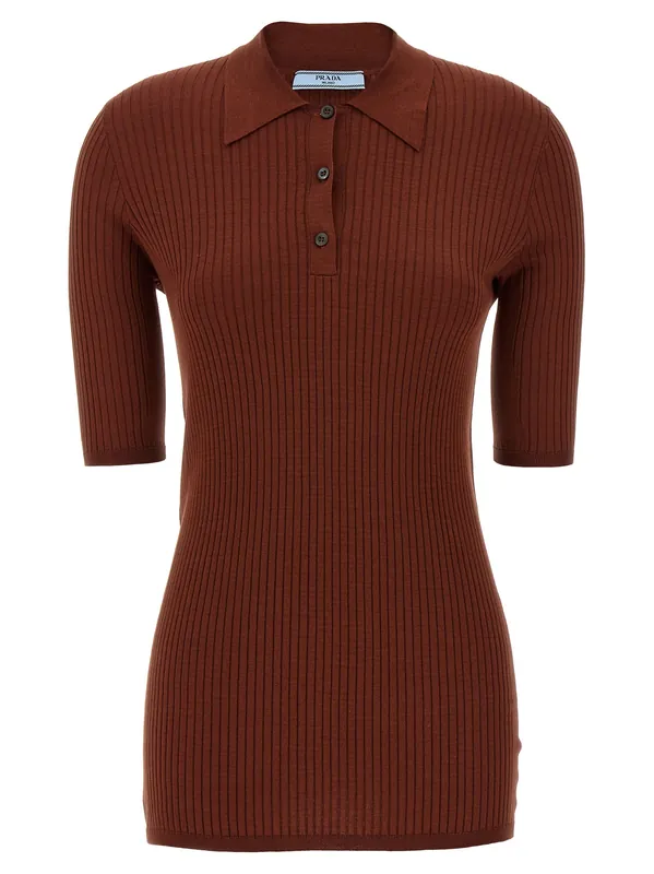 Ribbed Shirt Polo Brown - Prada