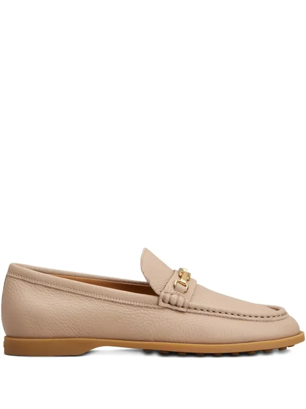 Gold-Tone Buckle Grained Leather Loafers