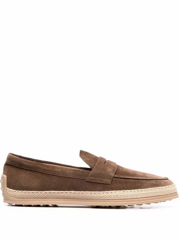 Suede Loafers With Rubber Outsole And Raffia Piping - Tod`S