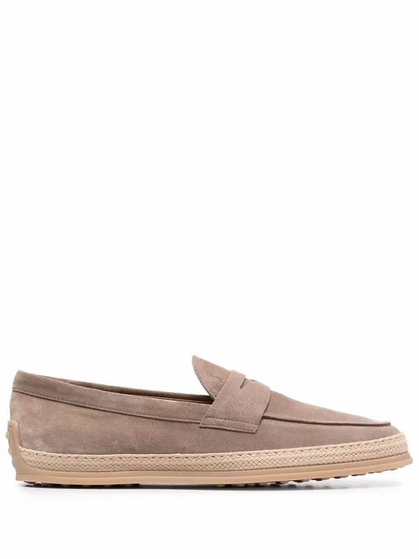 Suede Loafers With Rubber Outsole And Raffia Piping - Tod`S