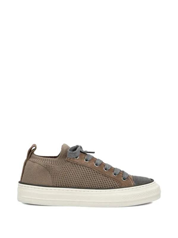 Cotton Knit And Suede Sneakers With Precious Toe - Brunello Cucinelli
