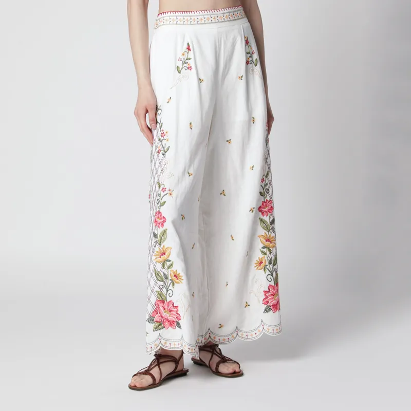 Linen-Blend Trousers With Floral Embroidery