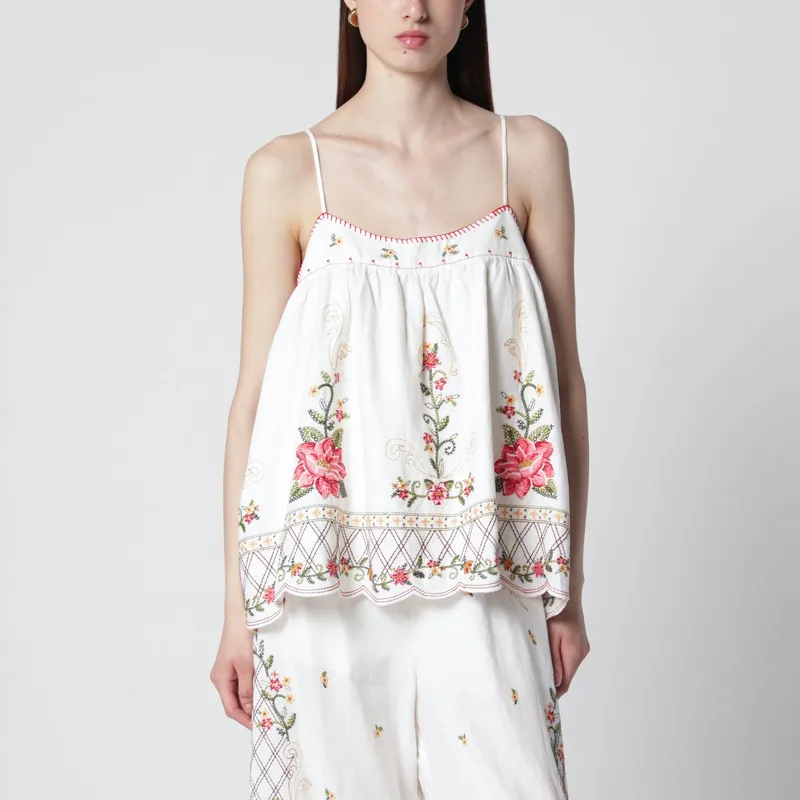 Linen-Blend Top With Floral Embroidery