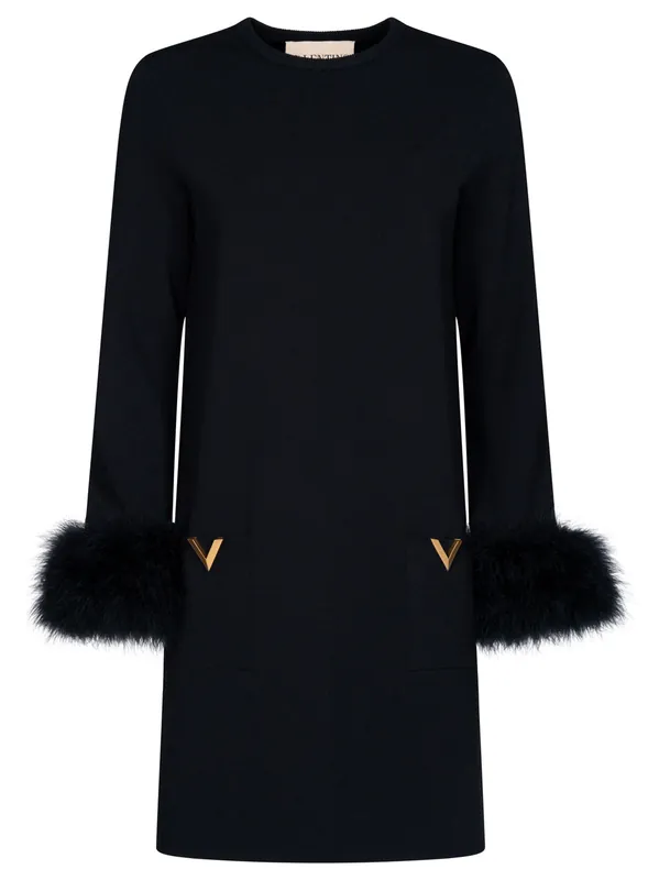 V Logo And Feather-Detail Knitted Dress