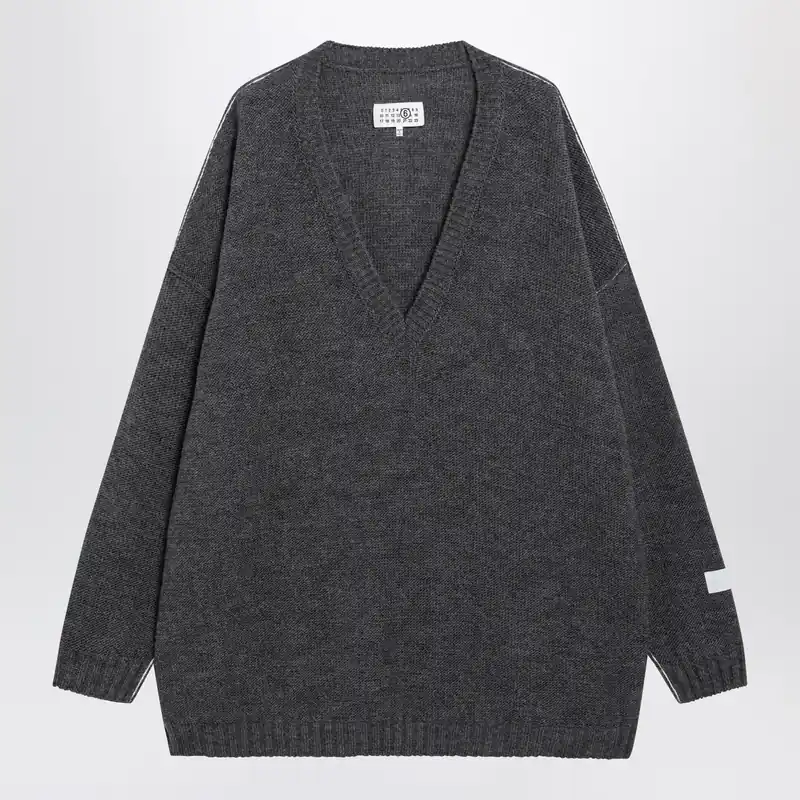 Grey Mélange Oversized V-Neck Knit Sweater