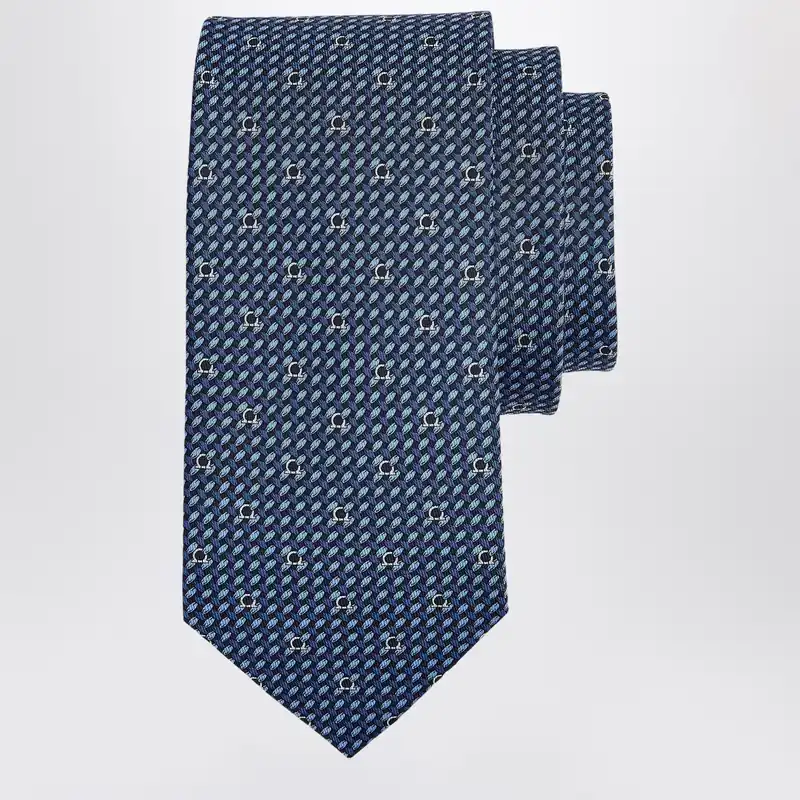 Dark Blue Gancini Print Silk Tie - Ferragamo