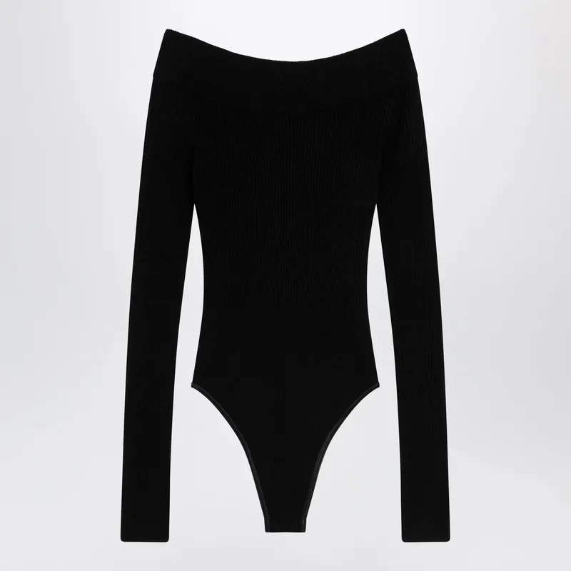 Shaping Ribbed Knit Off-Shoulder Bodysuit In Black