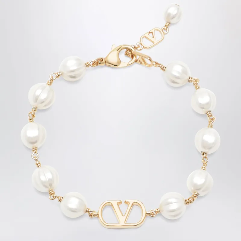 V Logo Signature Bracelet In Metal And Pearls, Gold/Cream - Valentino Garavani
