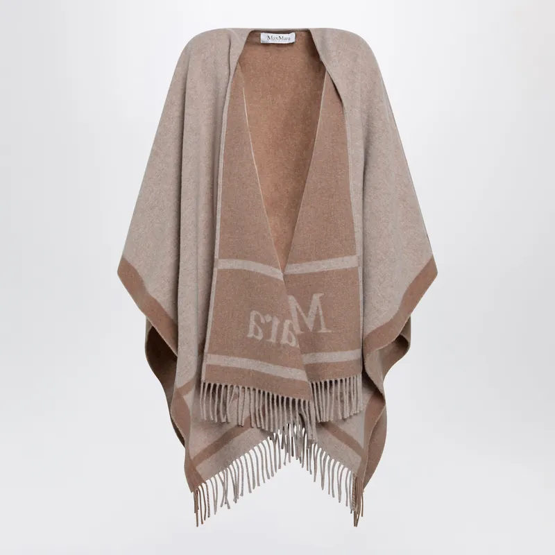 Jacquard Poncho With Fringes In Sand-Colored Wool