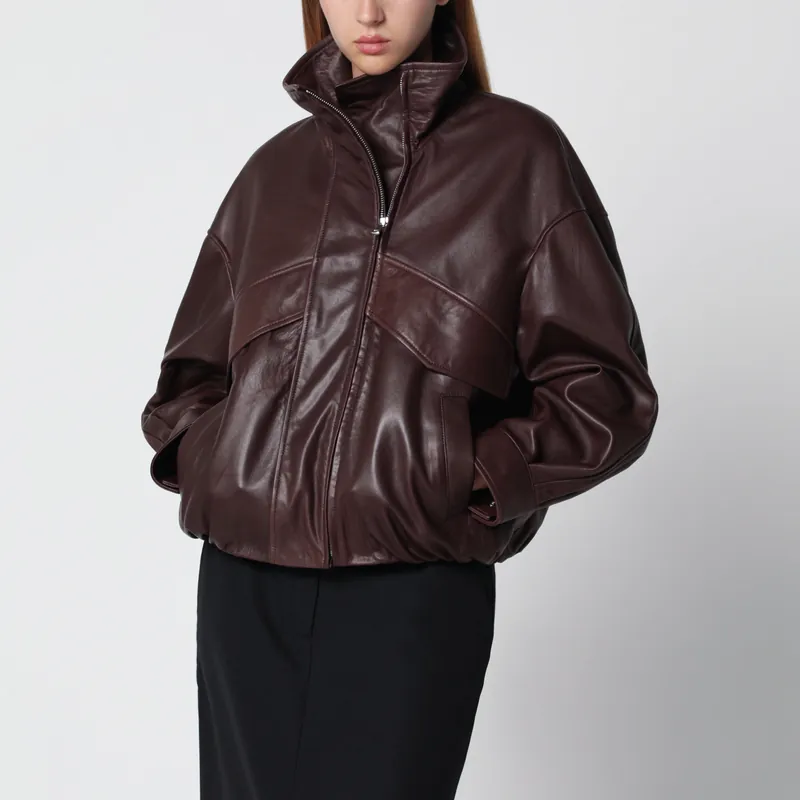 Roland Ebony Brown Leather Bomber Jacket - Nour Hammour
