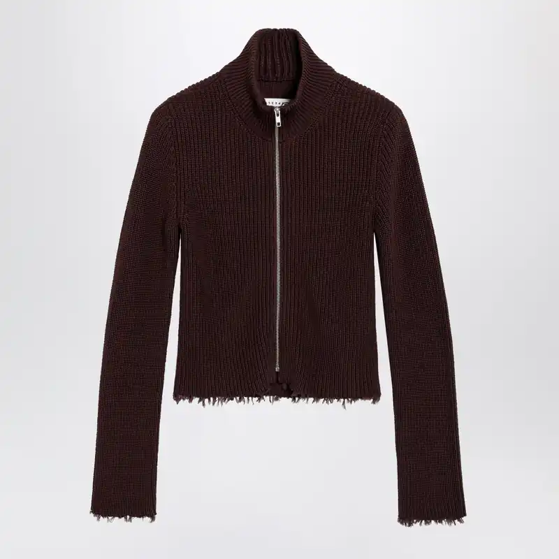 Chocolate Rib-Knit Zip Cardigan