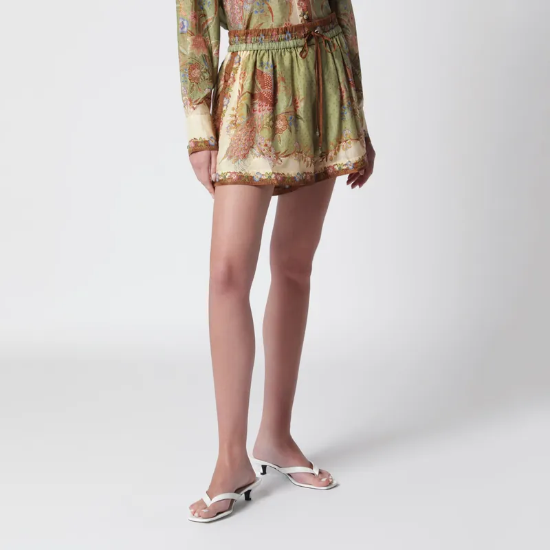 Khaki Floral Silk Indra Relaxed Shorts - Zimmermann