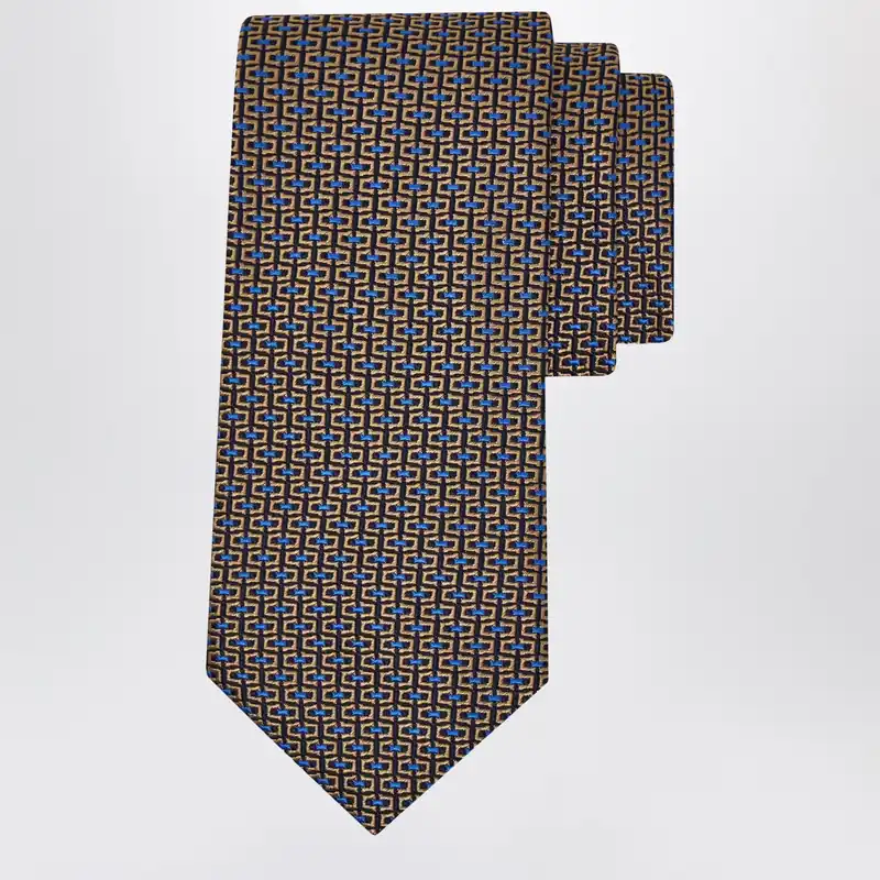 Gold/Blue Gancini Jacquard Tie - Ferragamo