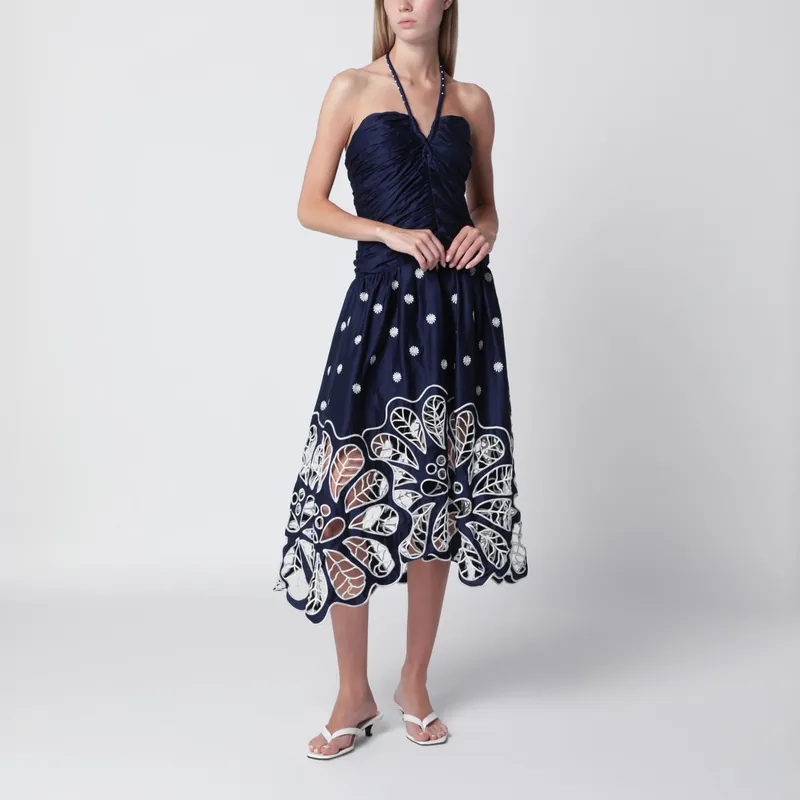 Navy Blue Richelieu Midi Dress With Embroidery - Farm Rio