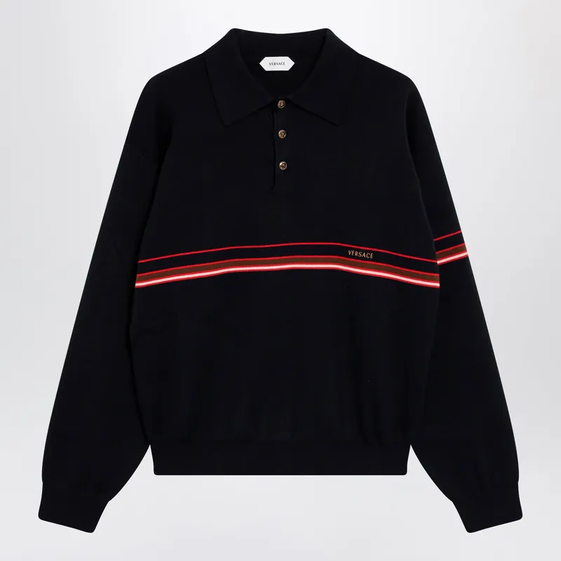 Navy Blue Cotton Knit Polo Shirt With Embroidered Logo - Versace