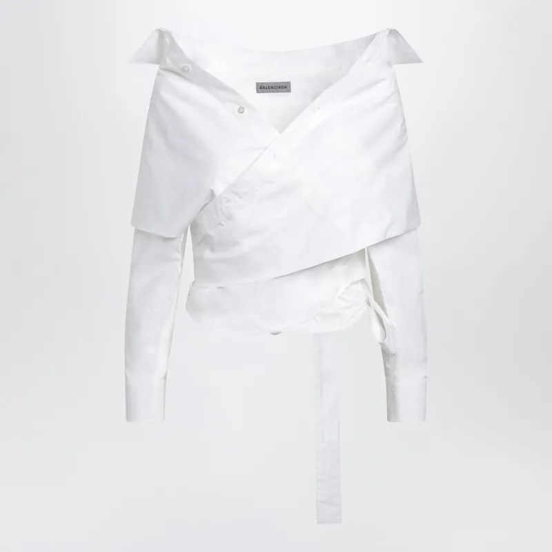 White Wrap Shirt With Off-Shoulder Design