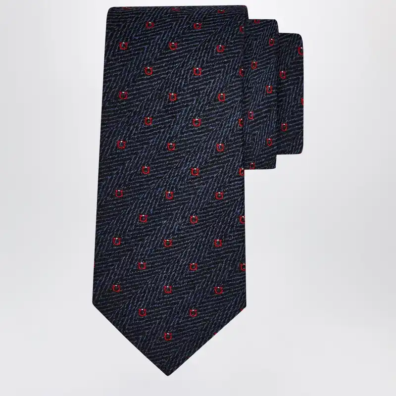 Navy Blue/Red Gancini Chevron Tie - Ferragamo
