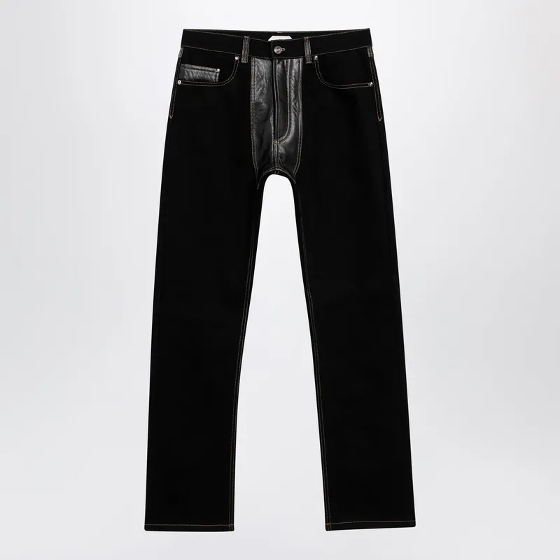 Straight-Leg Denim And Leather Jeans In Black