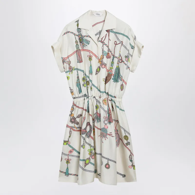 Printed Silk Twill Mini Shirt Dress In Ivory - Versace