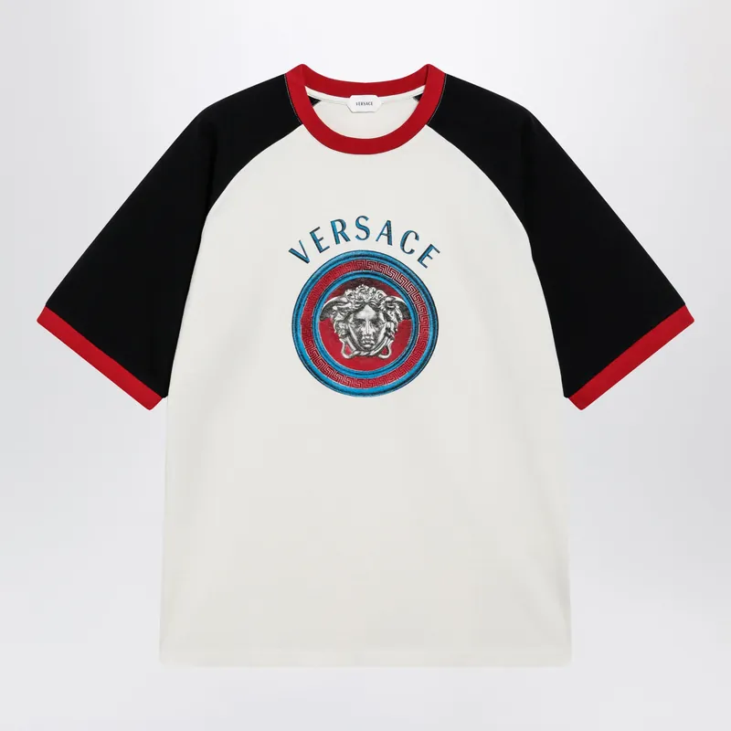 White/Black Cotton T-Shirt With Medusa Print