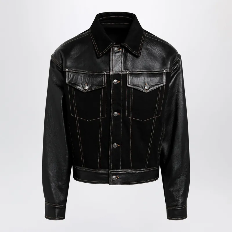 Black Denim And Leather Bomber Jacket - Versace