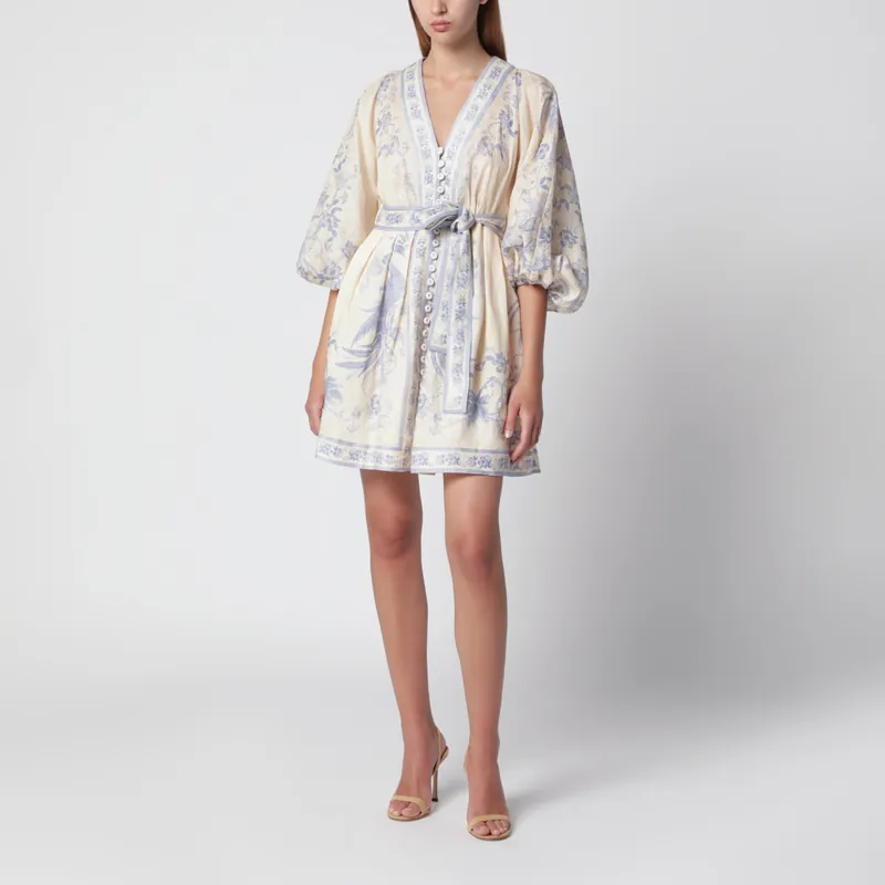 Indra Plunge Dress In Cream/Lilac Linen - Zimmermann